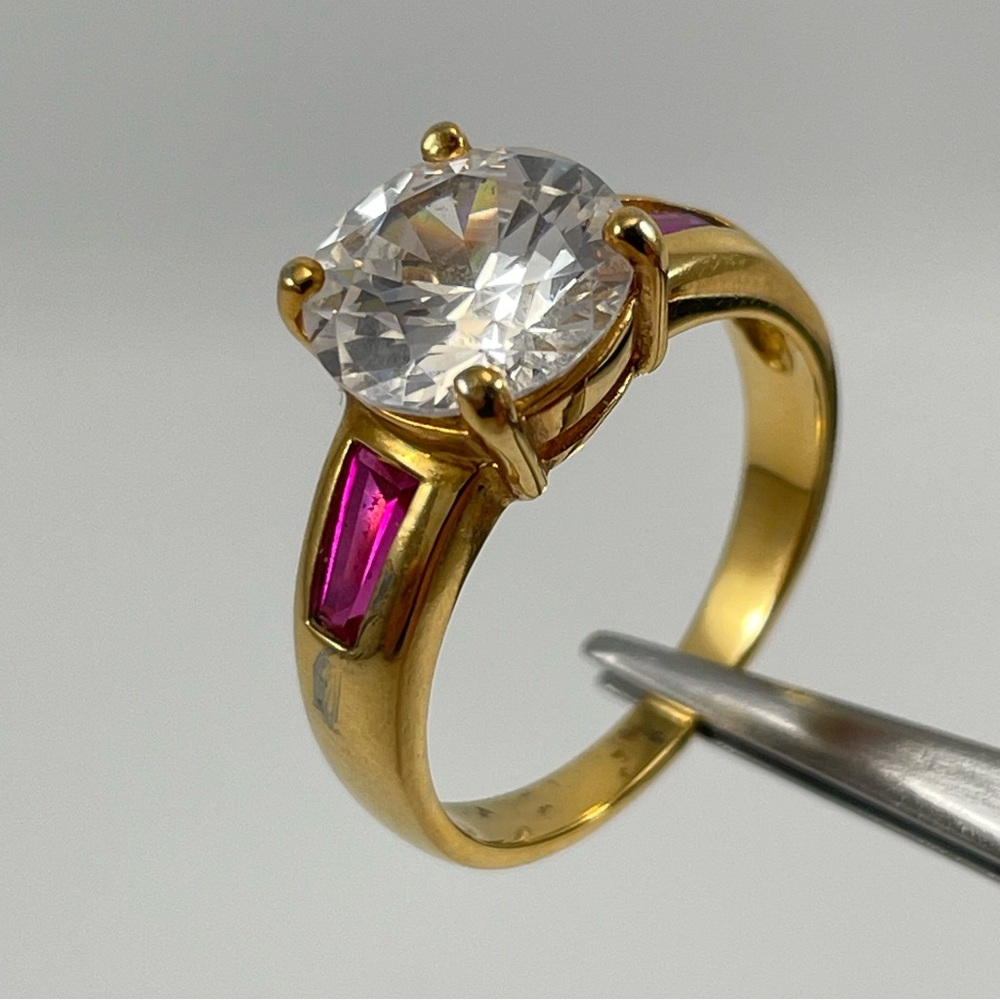 Stunning Red Ruby White Round Cut CZ Gold Plated Ring Bling Statement Sz 9